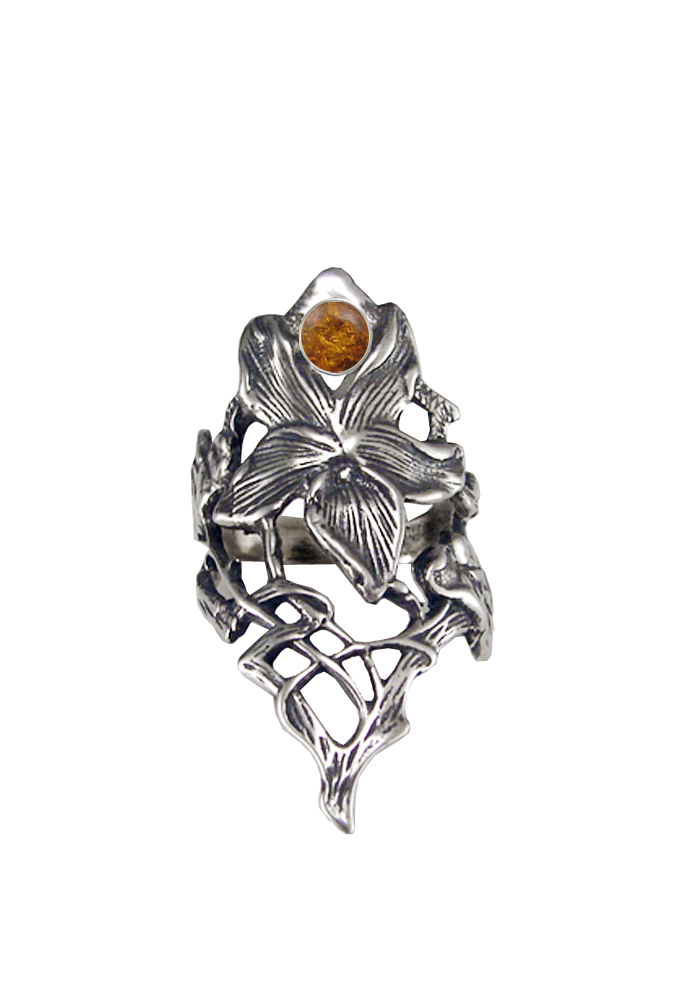 Sterling Silver Woman Maiden's Flower Ring With Amber Size 10